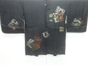 大正ロマン　漆破れ色紙に花・御所車模様織り出し一つ紋絵羽織